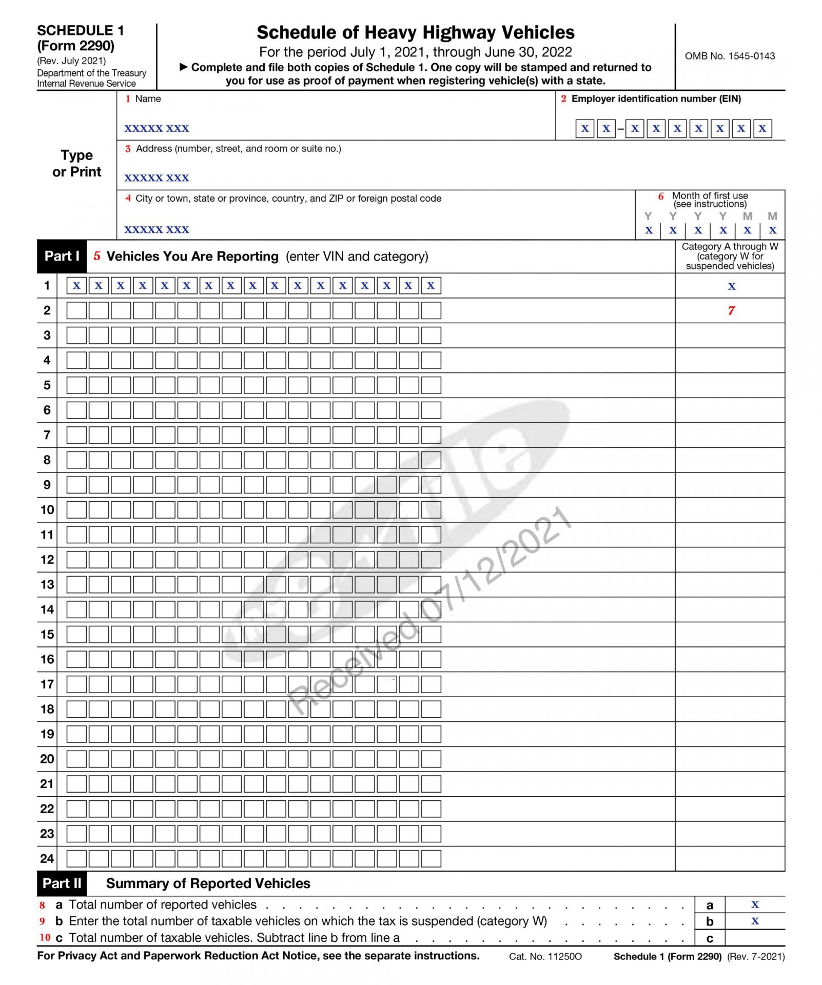 Stamped Schedule 1 Form 2290