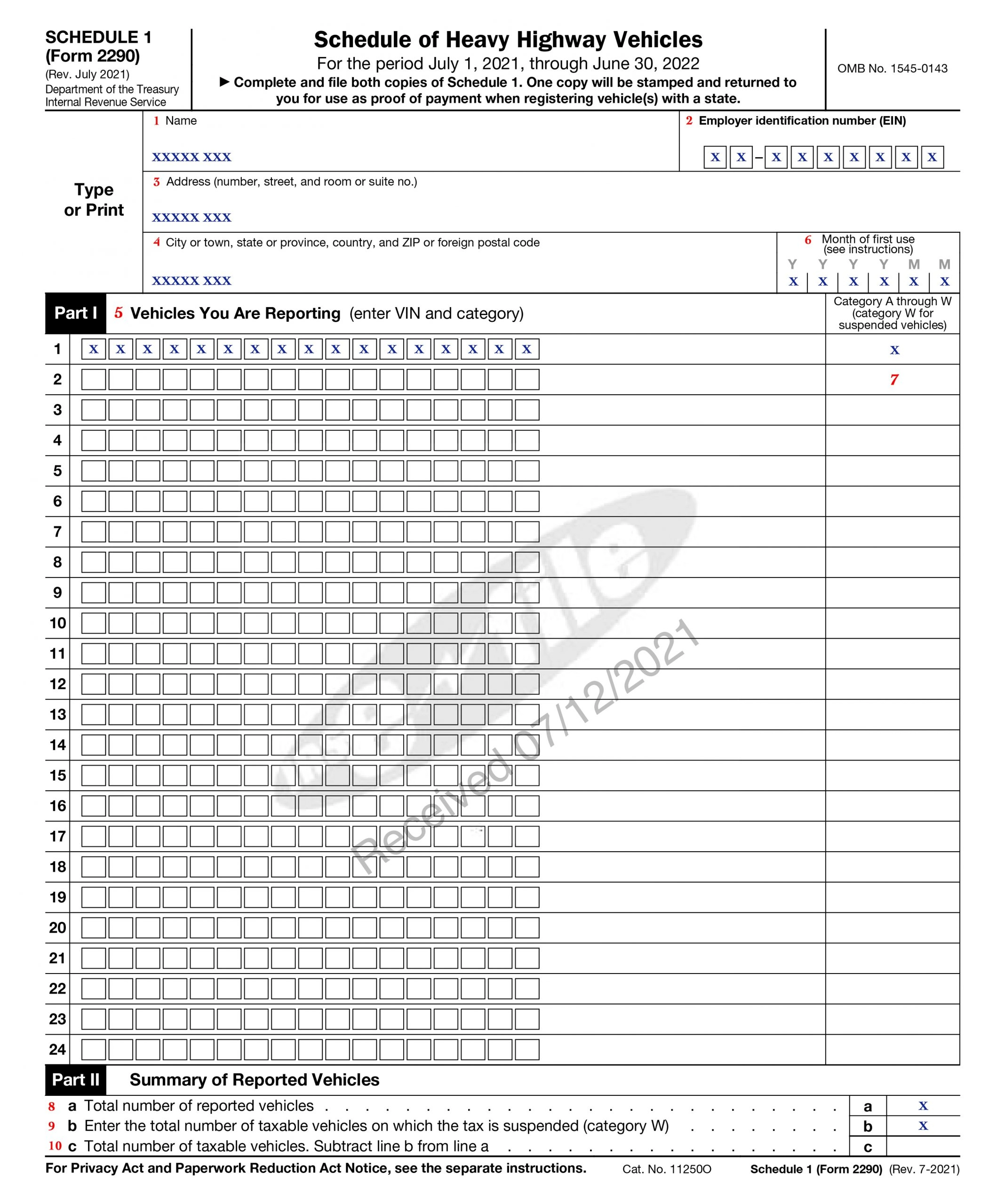 Stamped Schedule 1 Form 2290